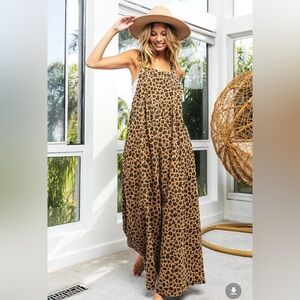 BiBi Leopard Washed Wide Leg Overalls